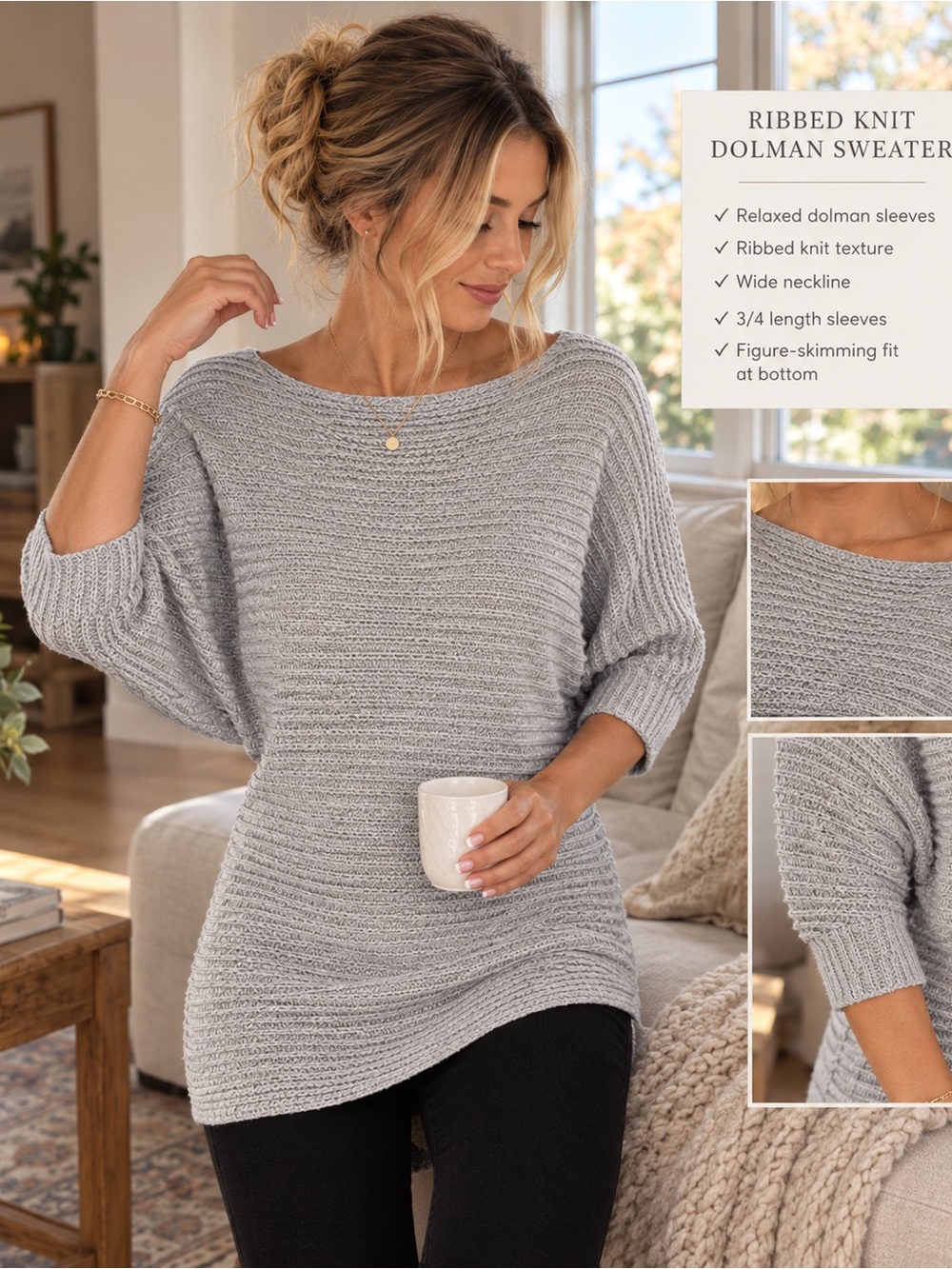 Dynamite | Ribbed Knit | Dolman Sweater | Gray | S | Longline Tunic 🩶